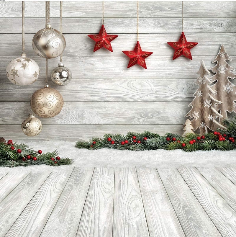 Dudaacvt 10x10ft Christmas Backdrop with Xmas Tree, Balls, White Wood Floor for Photography - Image 1